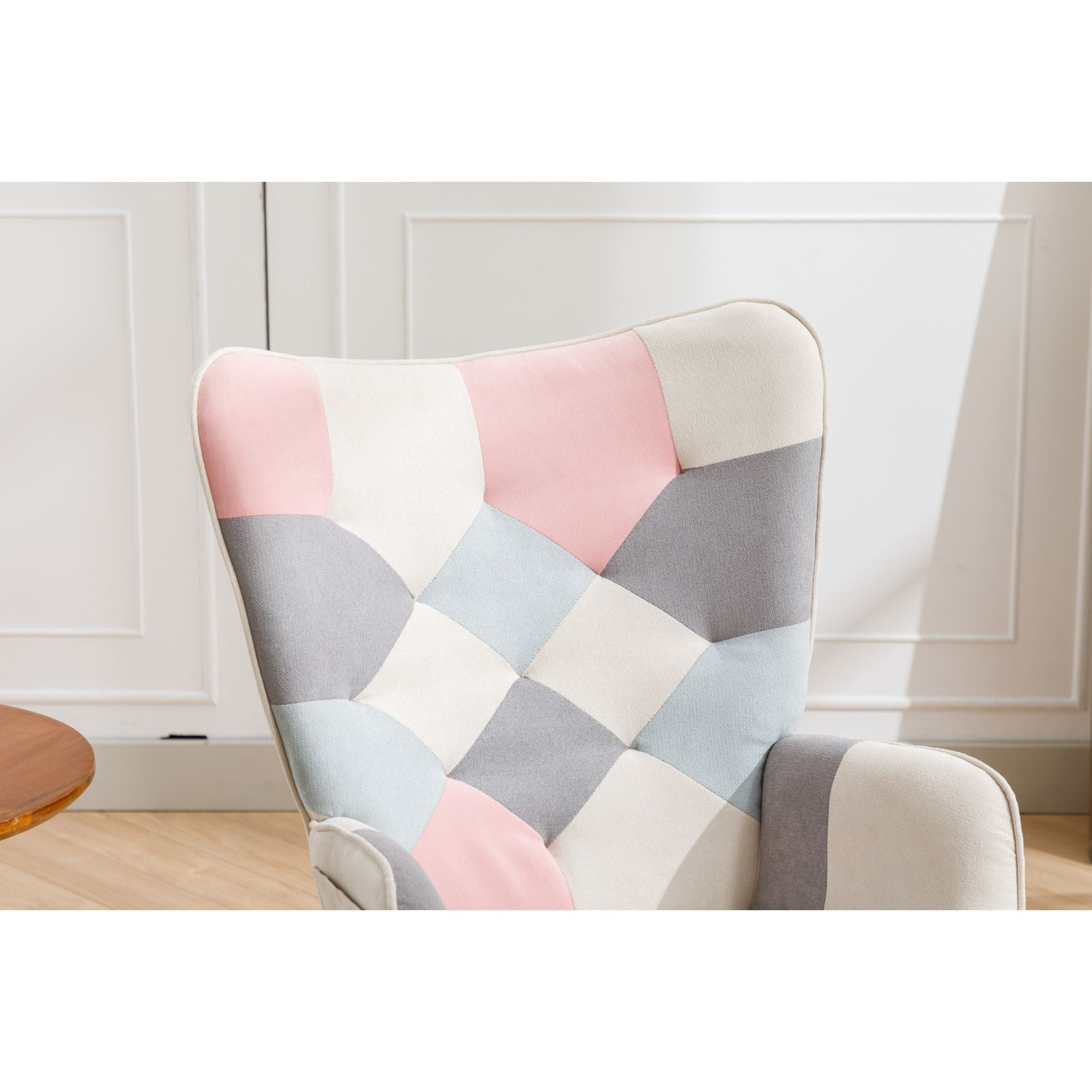 Modern Patchwork Rocking Chair with Solid Wood Armrests and Legs