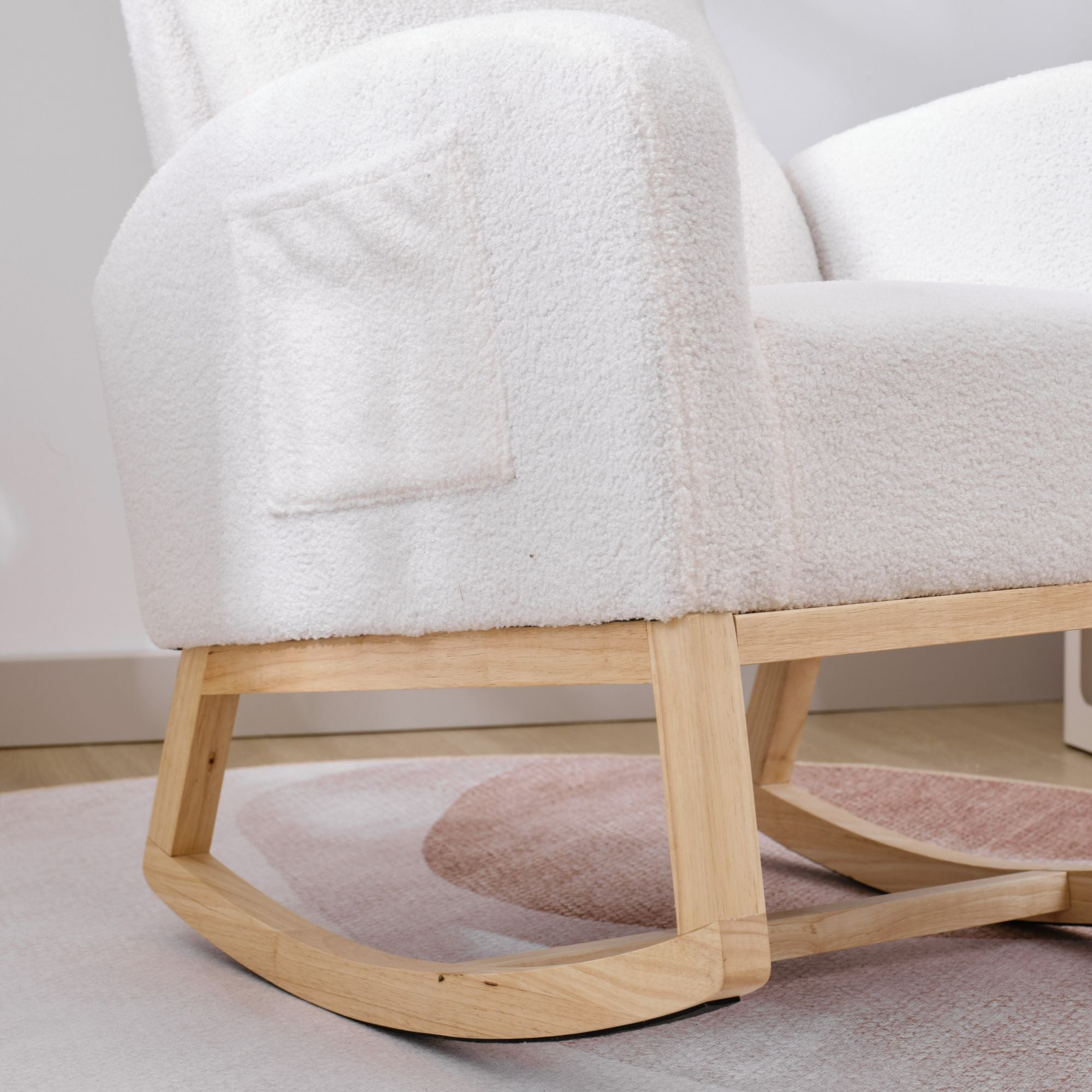 Modern Upholstered Rocking Chair with Solid Wood Legs, High Backrest, Side Pocket, and Comfy Armrests – Nursery Glider and Living Room Accent Chair