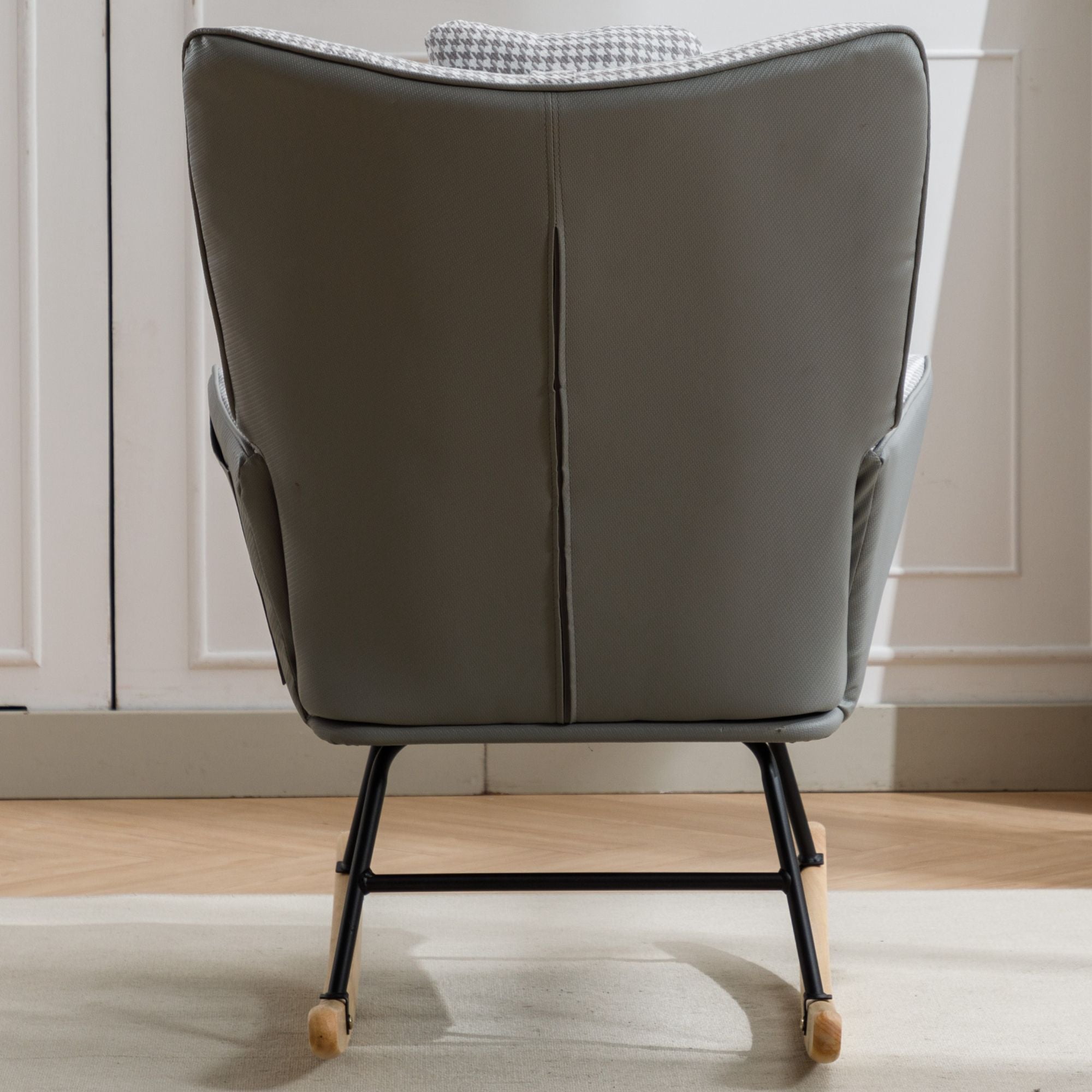 35.5-Inch Rocking Chair, Cozy Reading Chair with Houndstooth and Leather Upholstery, Comfortable Wingback Glider for Nursery, Living Room, Bedroom, or Balcony
