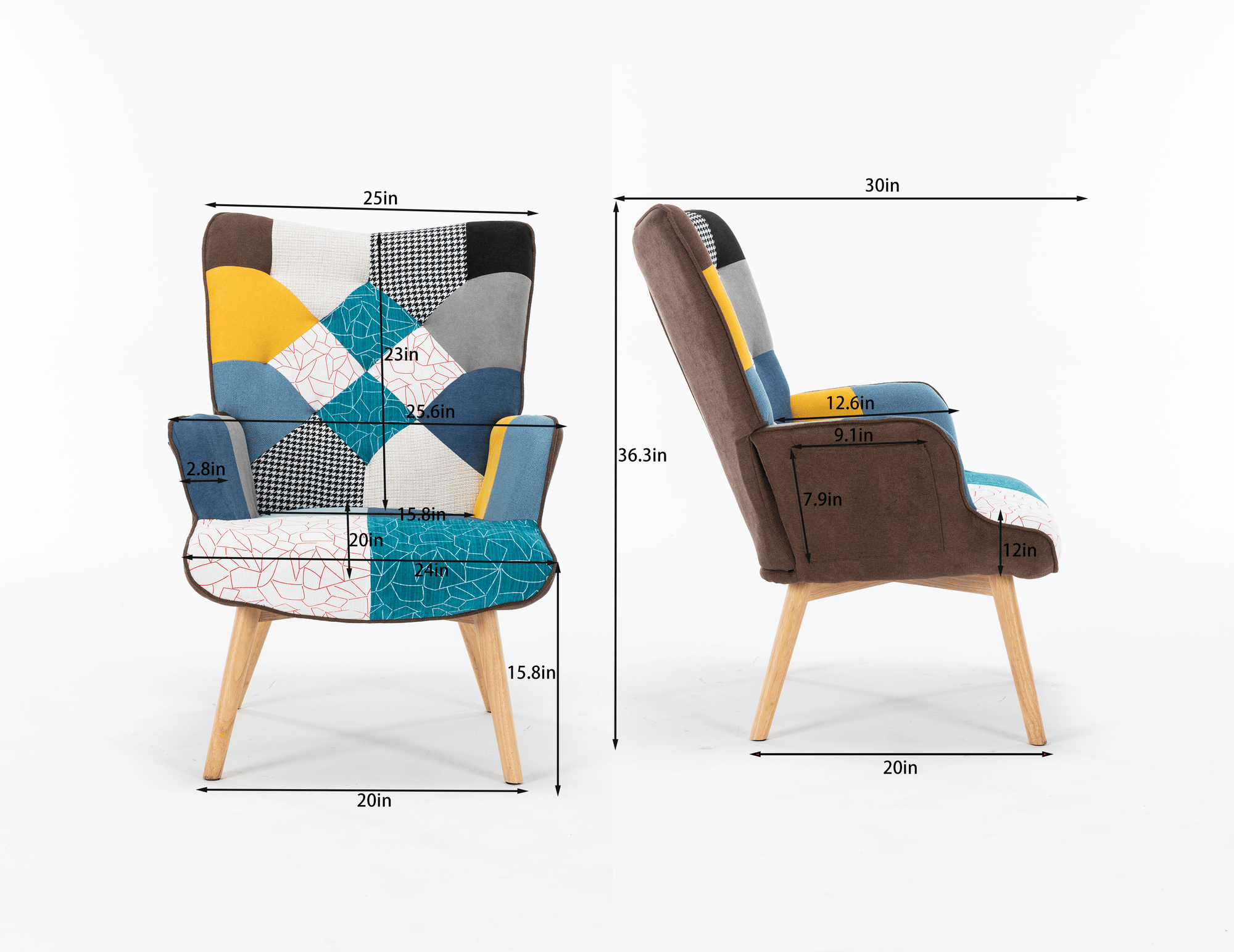 Modern Patchwork Rocking Chair with Solid Wood Armrests and Legs