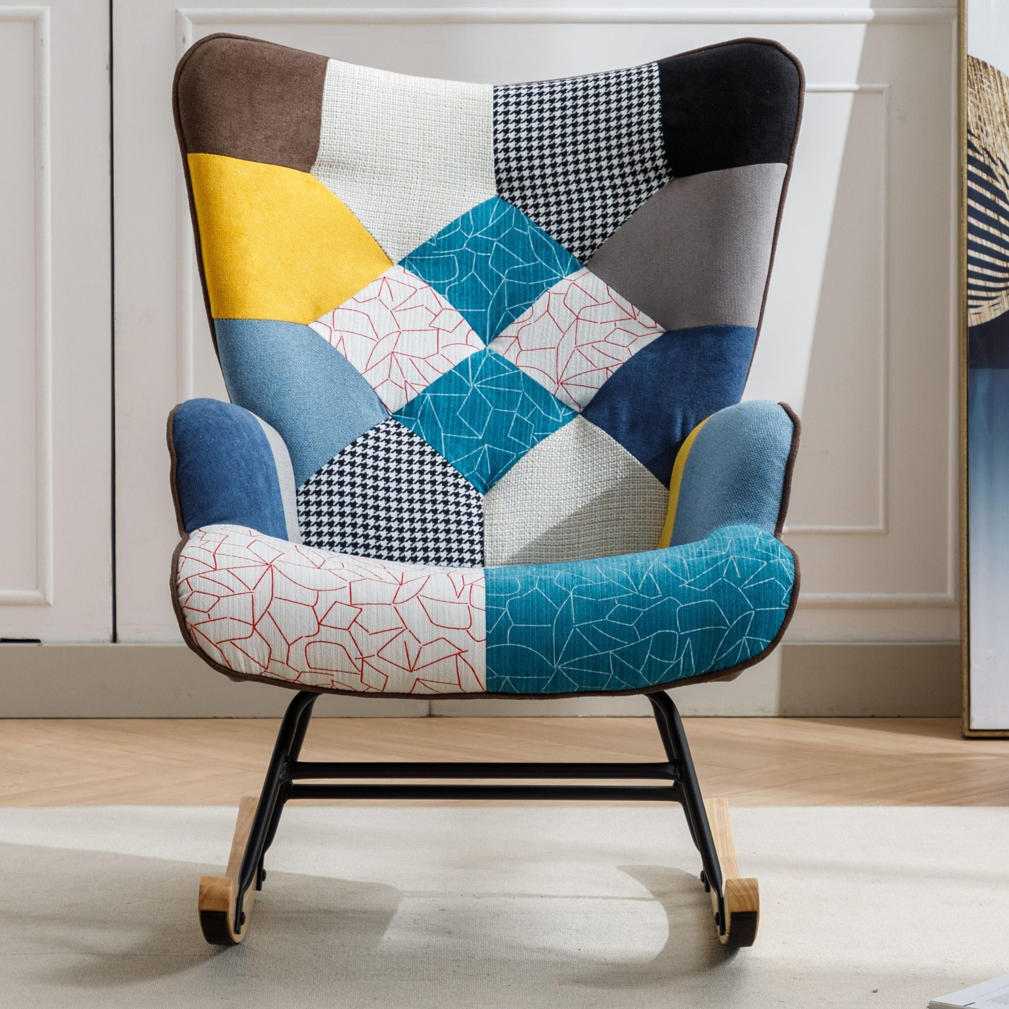 Modern Patchwork Rocking Chair with Solid Wood Armrests and Legs