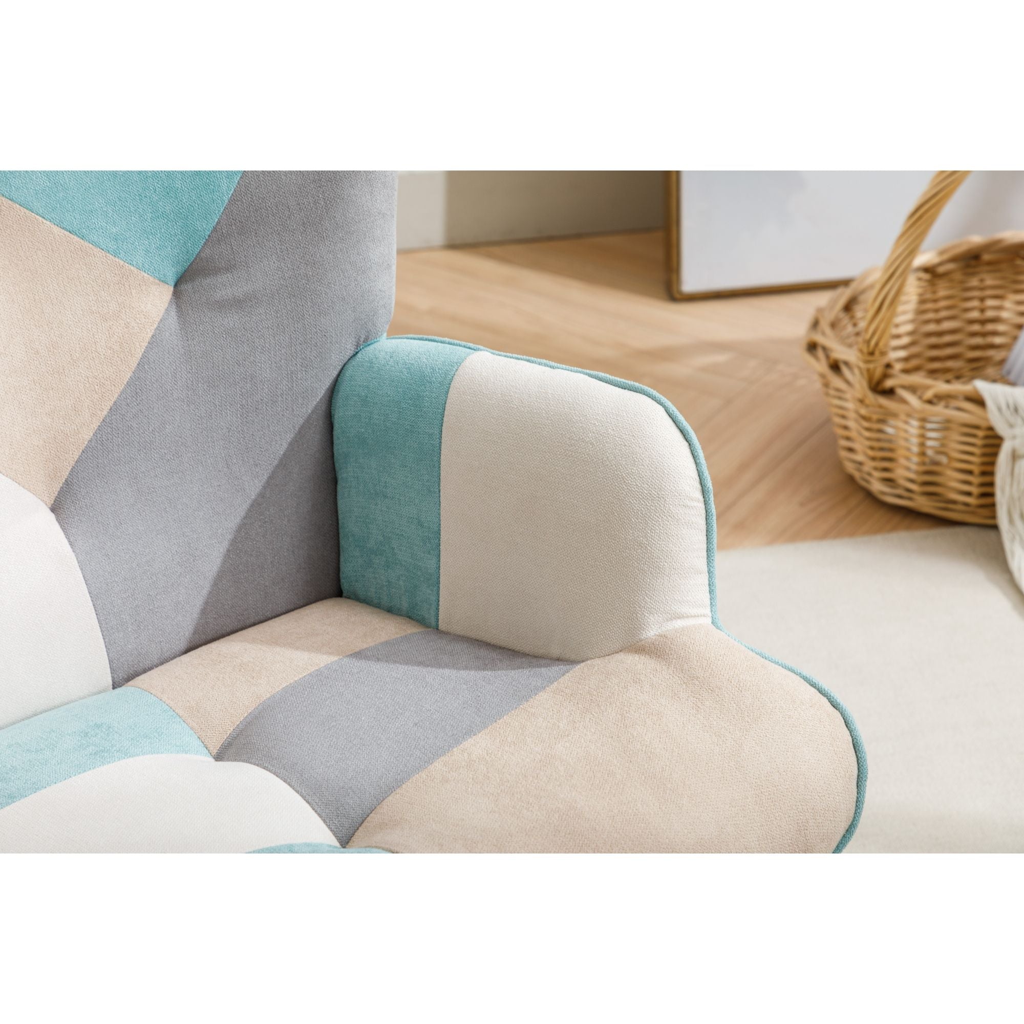 Modern Patchwork Rocking Chair with Solid Wood Armrests and Legs