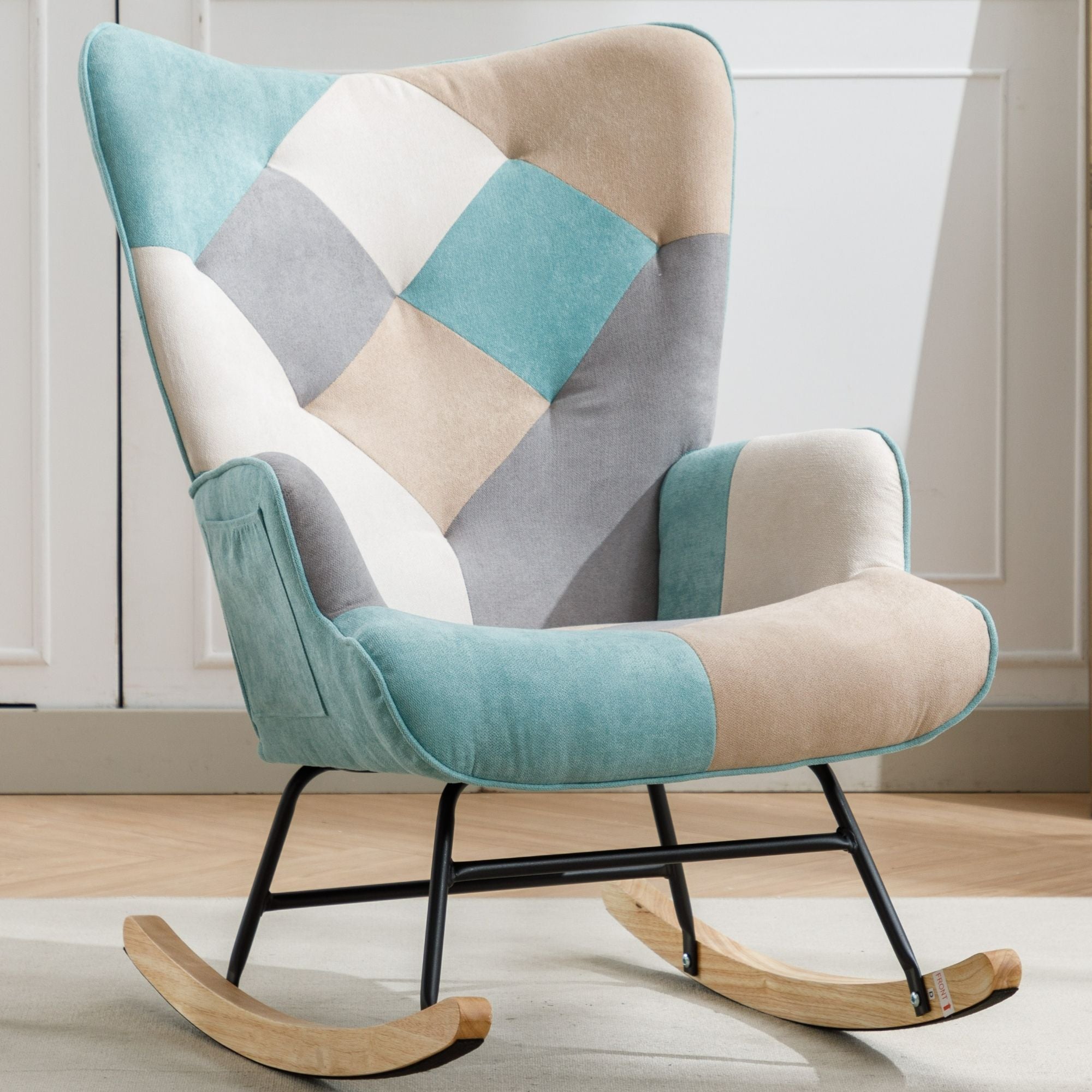 Modern Patchwork Rocking Chair with Solid Wood Armrests and Legs