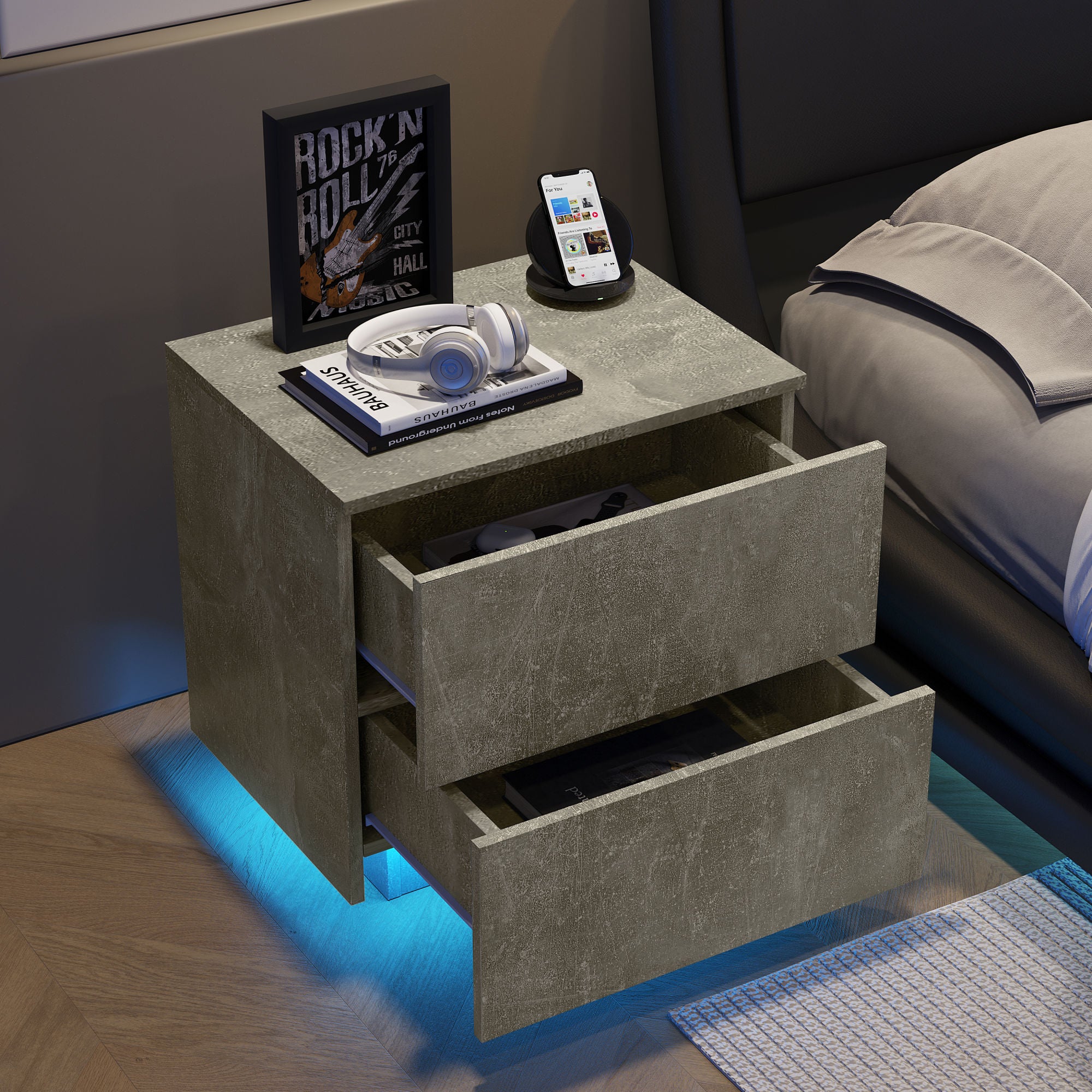 Nightstand with LED Strip Lights, Modern Bed Side Table with 2 Drawers, Grey