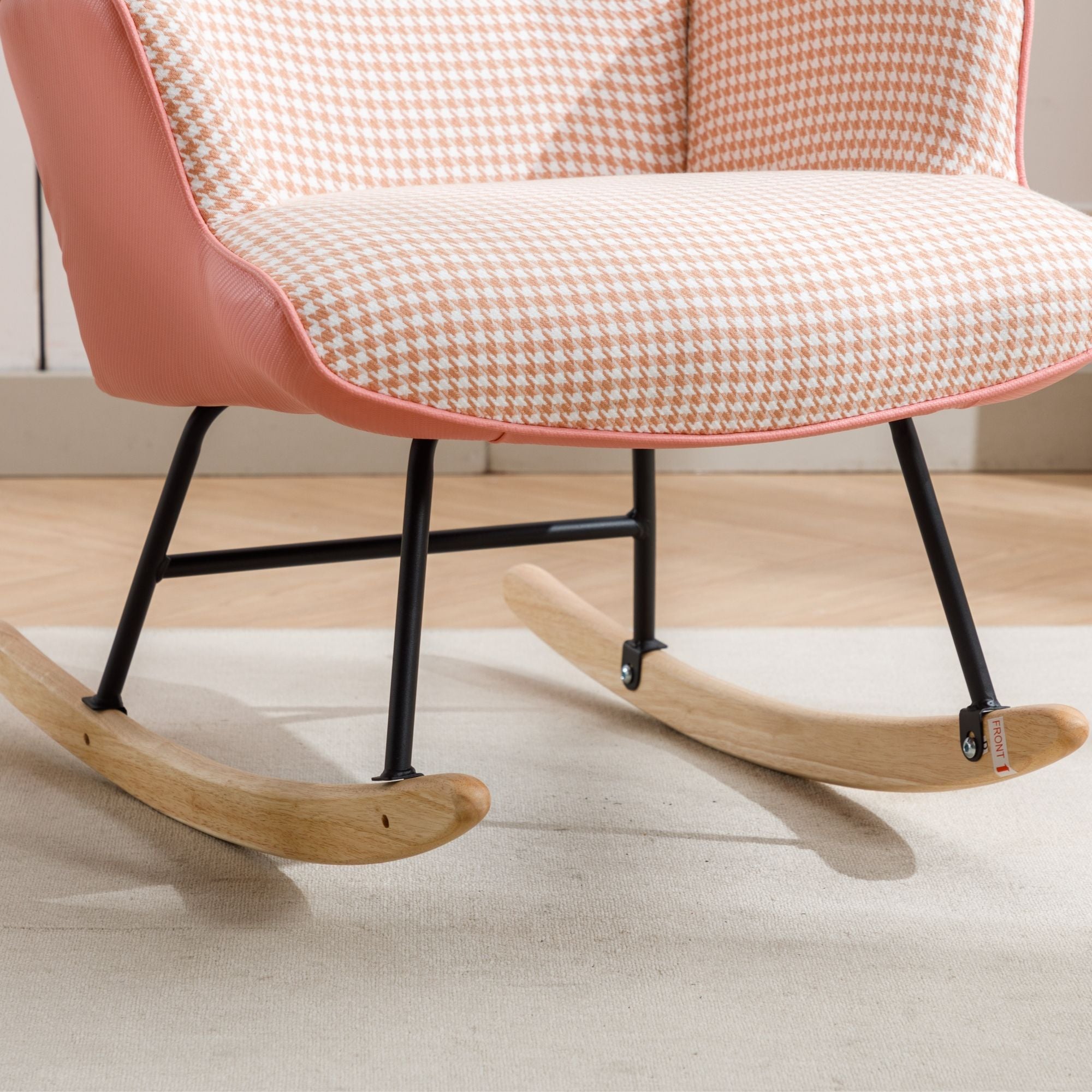 35.5-Inch Rocking Chair, Cozy Reading Chair with Houndstooth and Leather Upholstery, Comfortable Wingback Glider for Nursery, Living Room, Bedroom, or Balcony