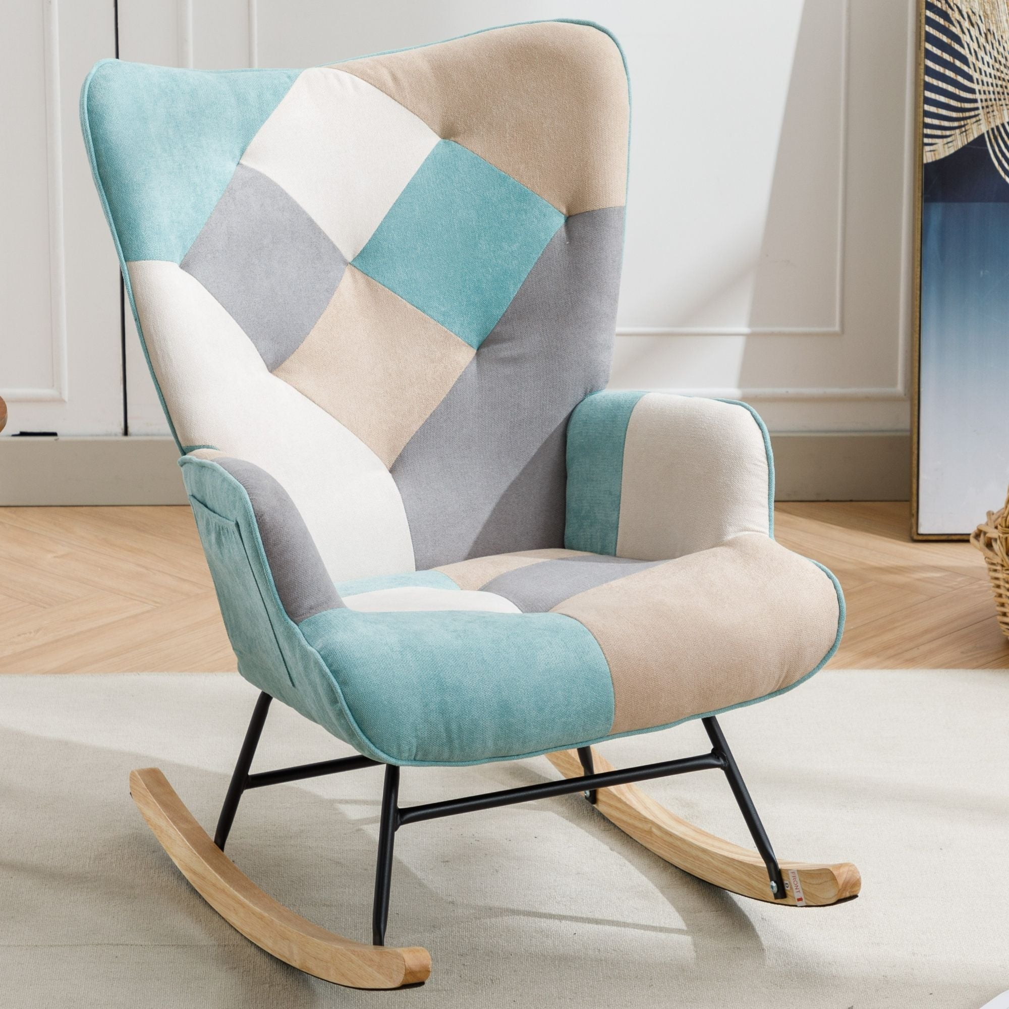 Modern Patchwork Rocking Chair with Solid Wood Armrests and Legs