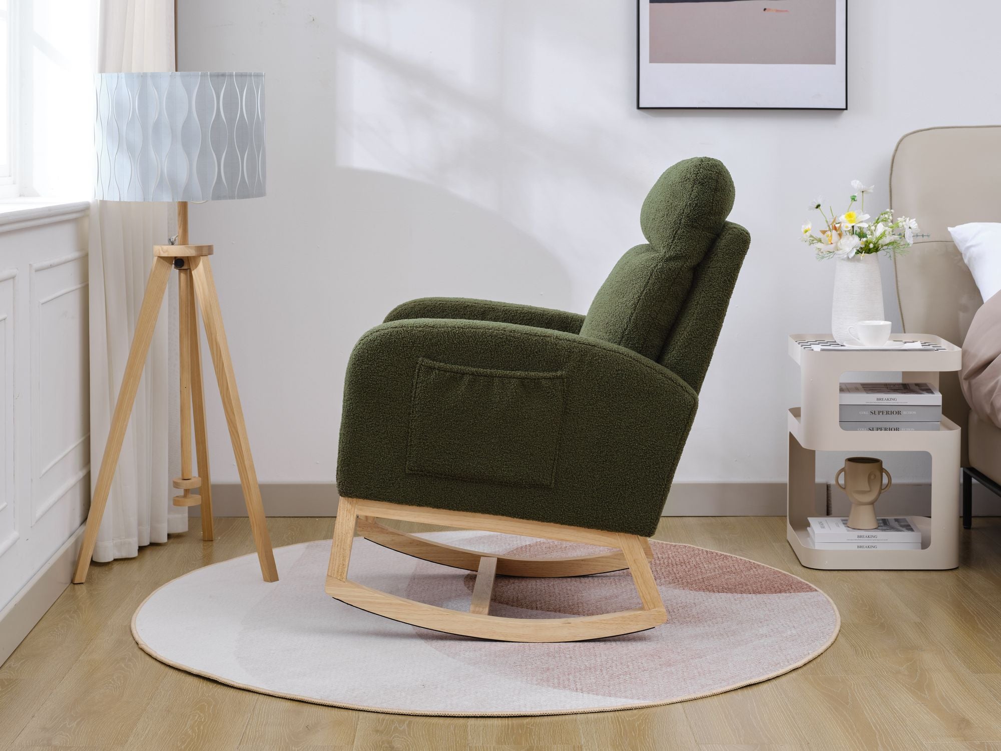 Modern Upholstered Rocking Chair with Solid Wood Legs, High Backrest, Side Pocket, and Comfy Armrests – Nursery Glider and Living Room Accent Chair