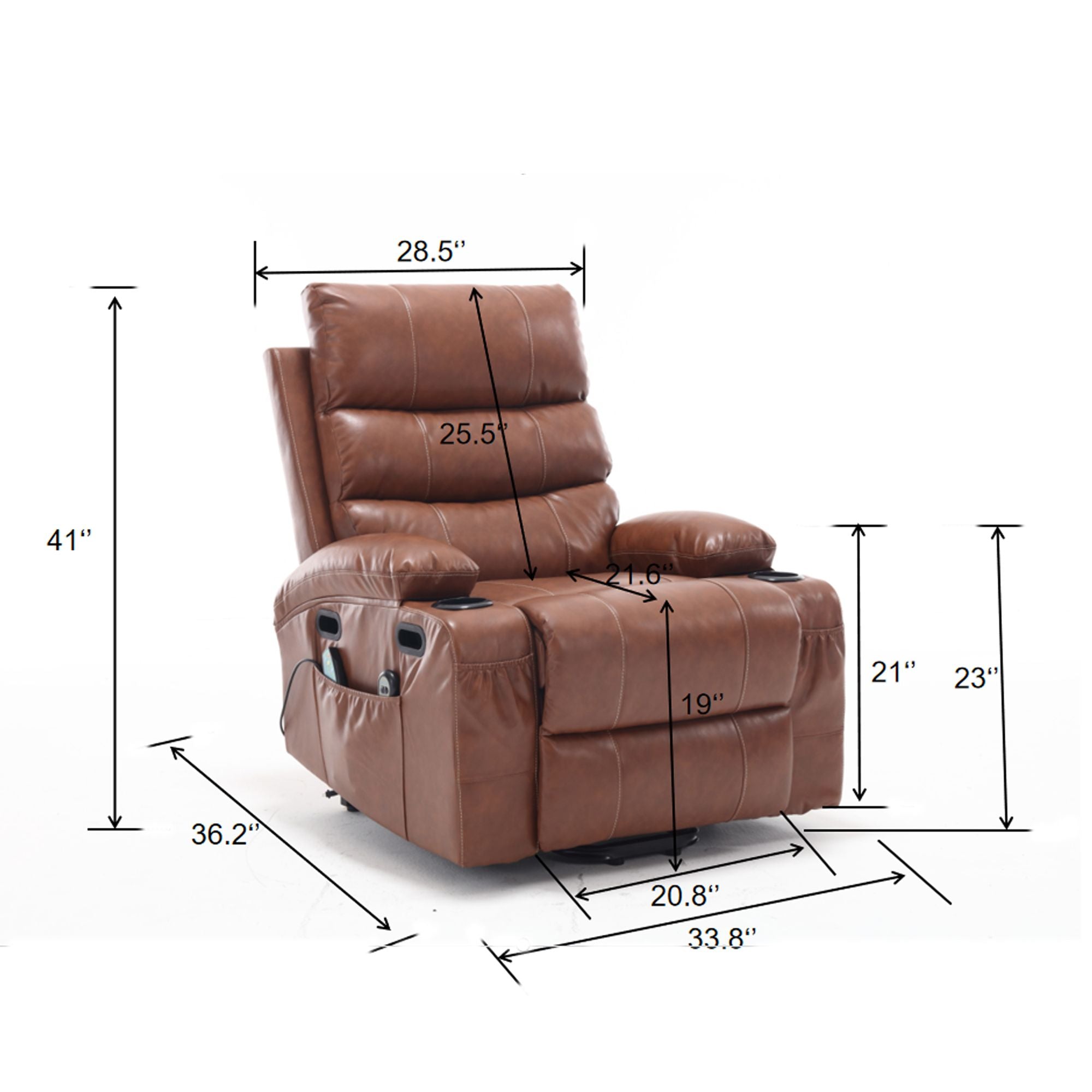 21" Wide Electric Lift Recliner for Elderly, Massage, Heat, Remote, Cup Holders, and Side Pockets