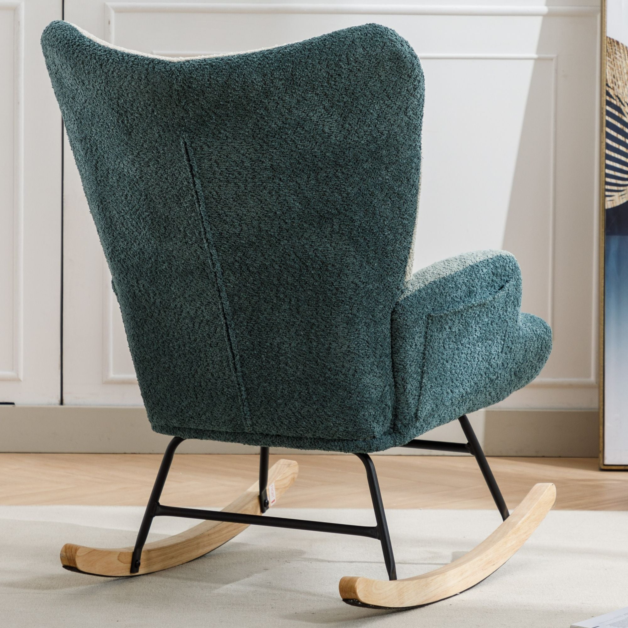 Modern Patchwork Rocking Chair with Solid Wood Armrests and Legs