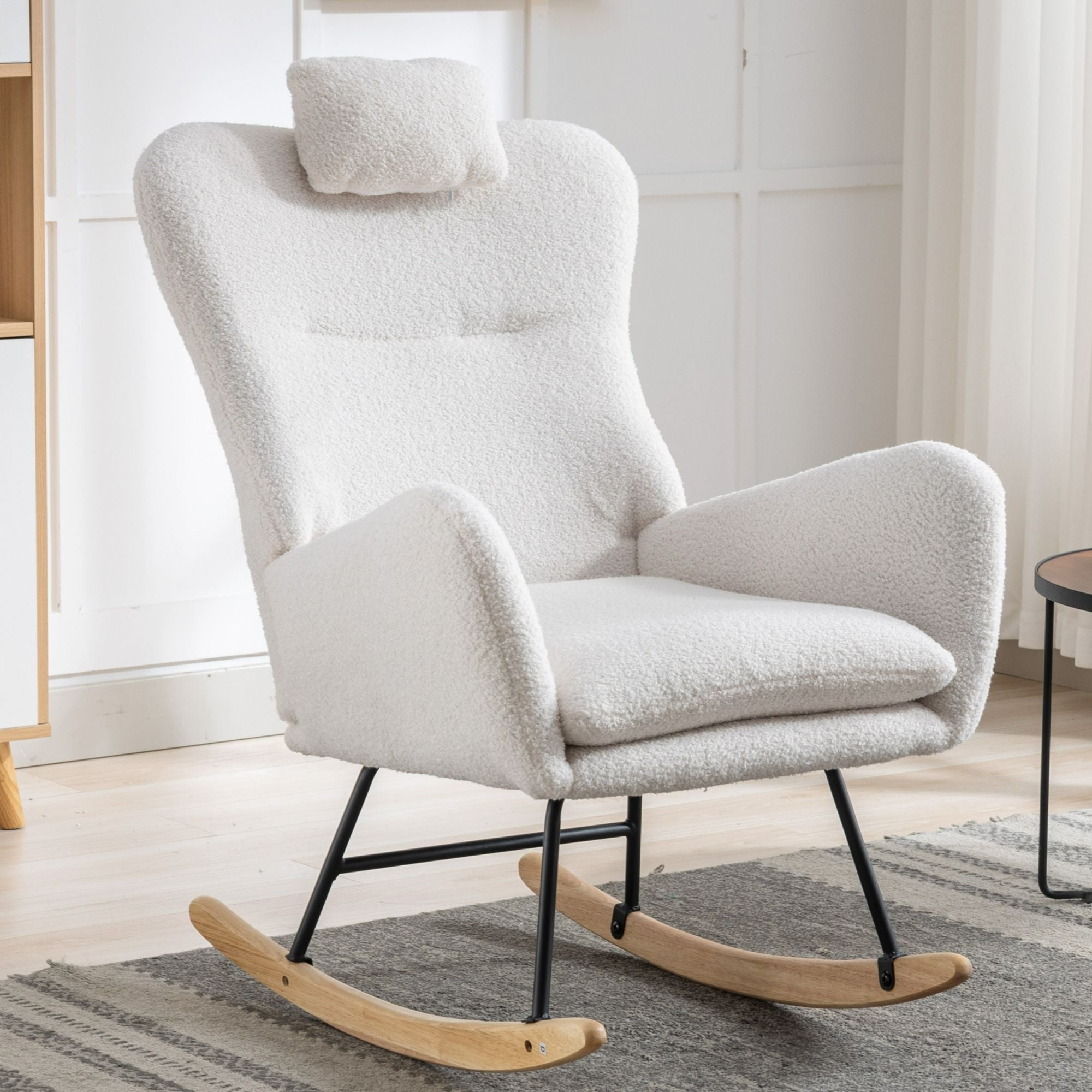 35.5-Inch Teddy Fabric Rocking Chair with Pocket – Safe Solid Wood Base
