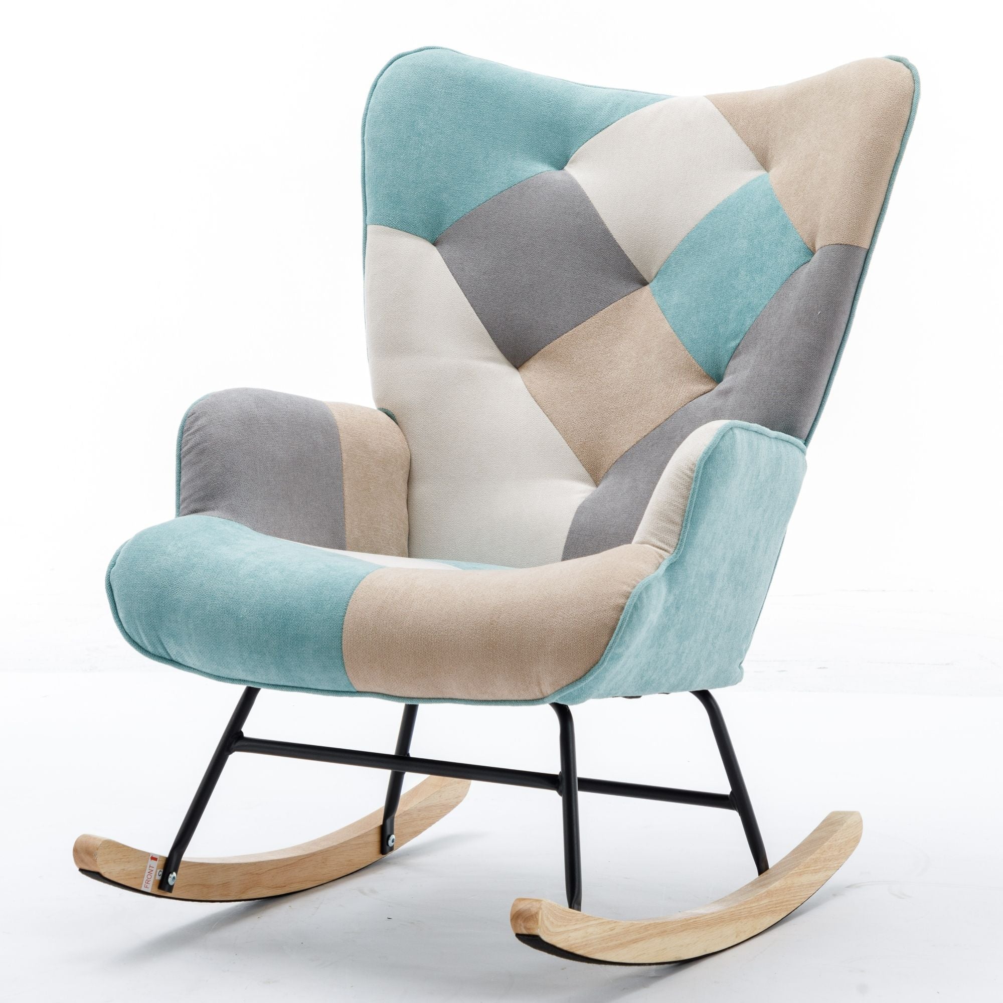 Modern Patchwork Rocking Chair with Solid Wood Armrests and Legs