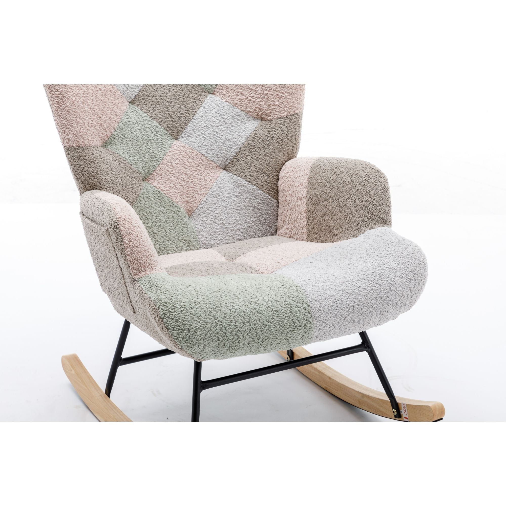 Modern Patchwork Rocking Chair with Solid Wood Armrests and Legs