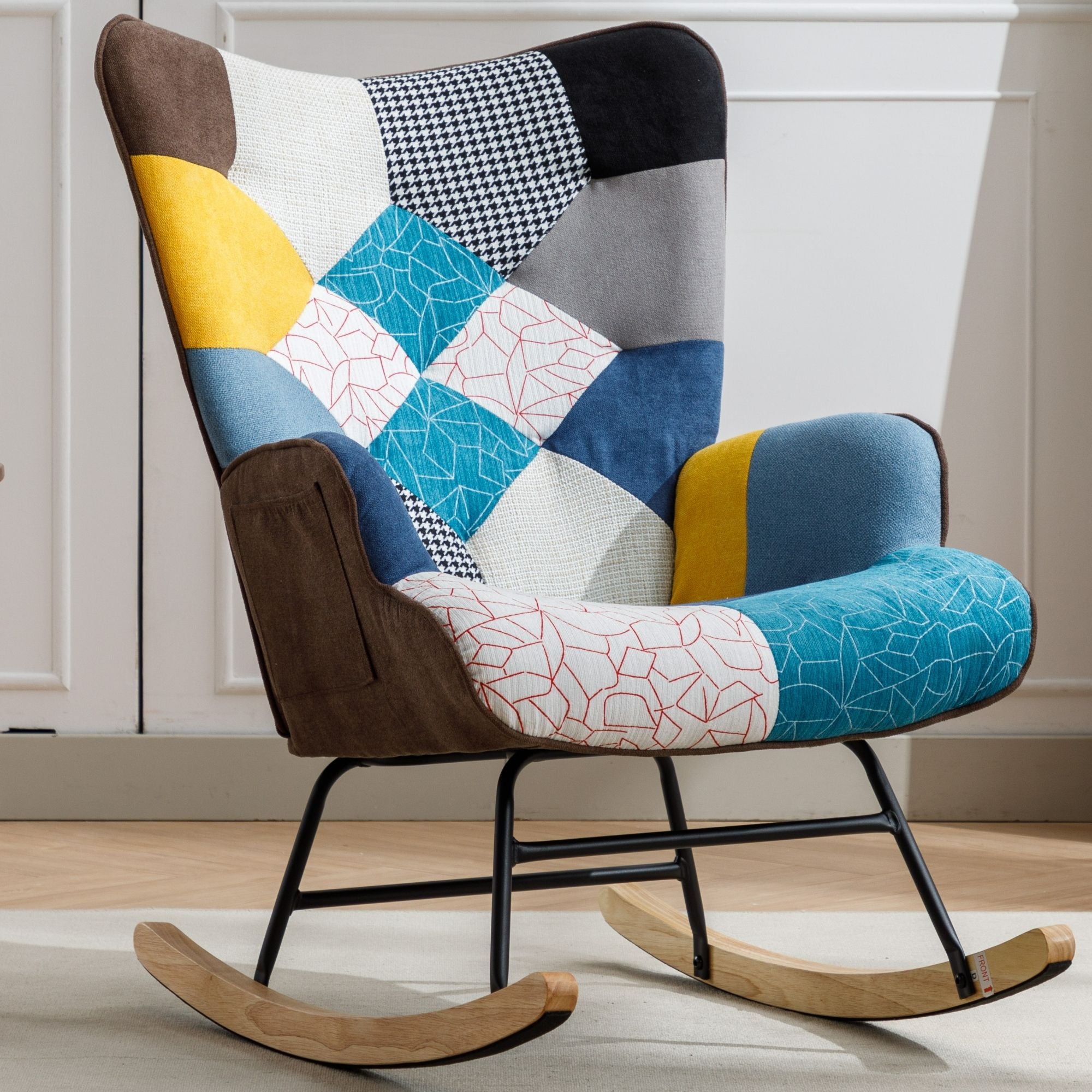 Modern Patchwork Rocking Chair with Solid Wood Armrests and Legs