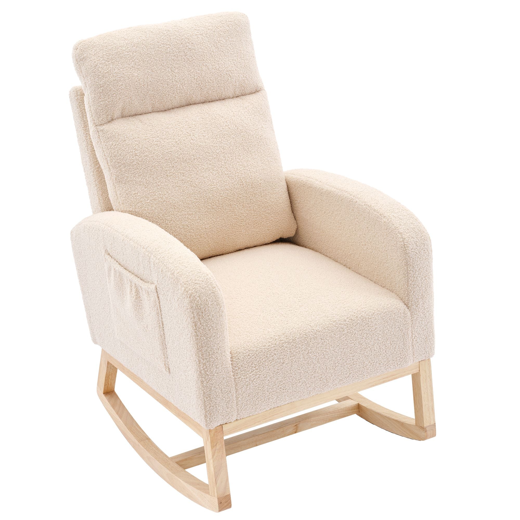 Modern Upholstered Rocking Chair with Solid Wood Legs, High Backrest, Side Pocket, and Comfy Armrests – Nursery Glider and Living Room Accent Chair