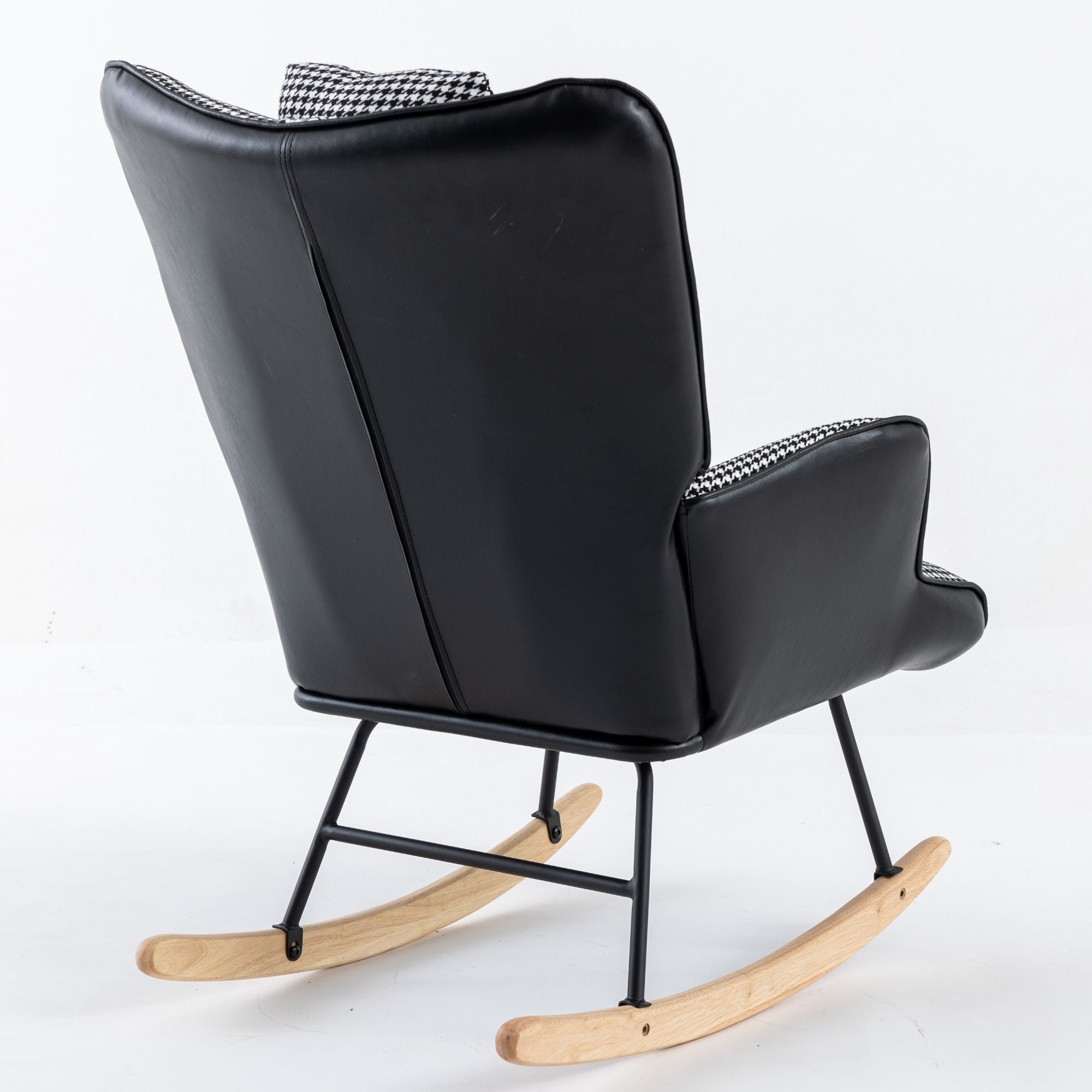 35.5-Inch Rocking Chair, Cozy Reading Chair with Houndstooth and Leather Upholstery, Comfortable Wingback Glider for Nursery, Living Room, Bedroom, or Balcony