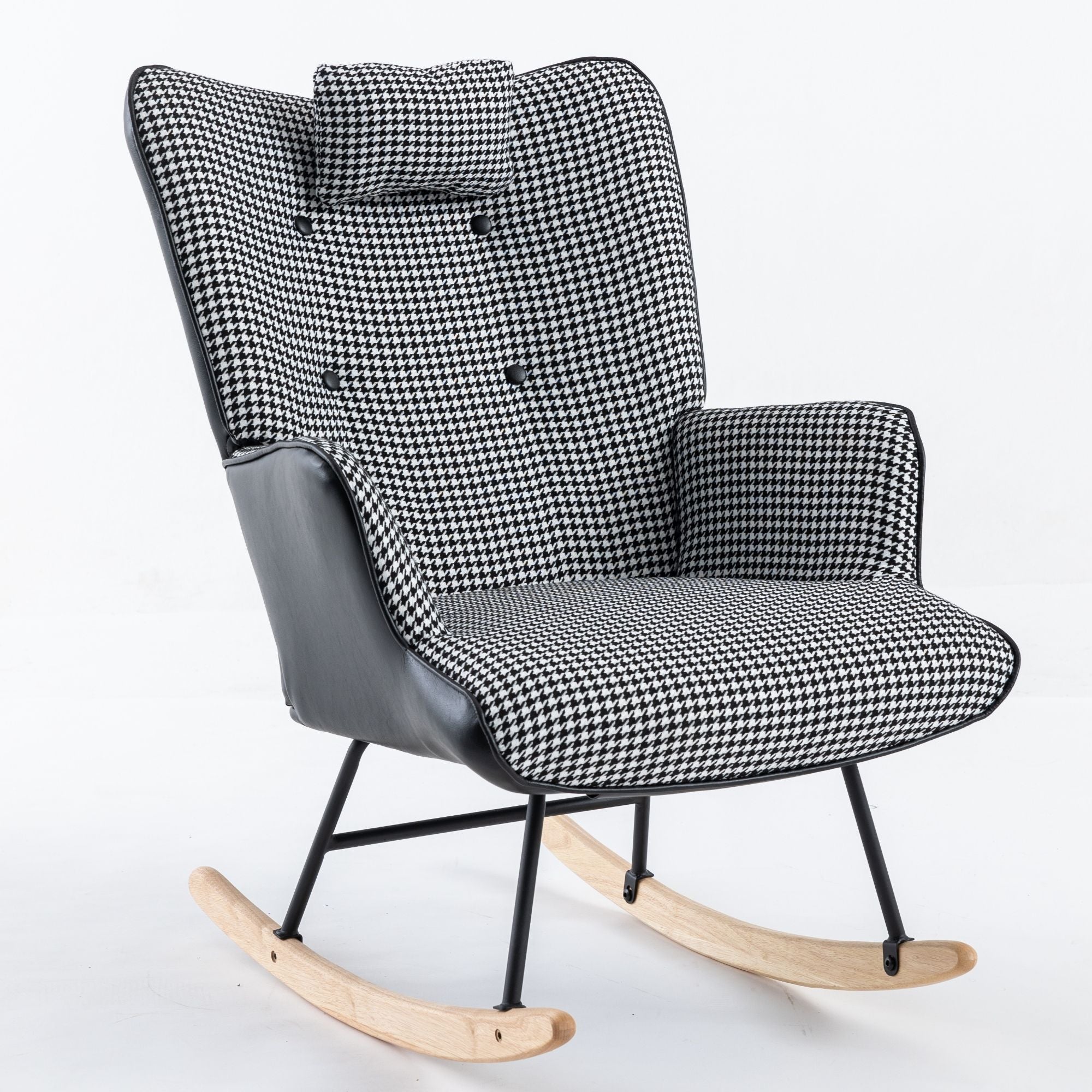 35.5-Inch Rocking Chair, Cozy Reading Chair with Houndstooth and Leather Upholstery, Comfortable Wingback Glider for Nursery, Living Room, Bedroom, or Balcony