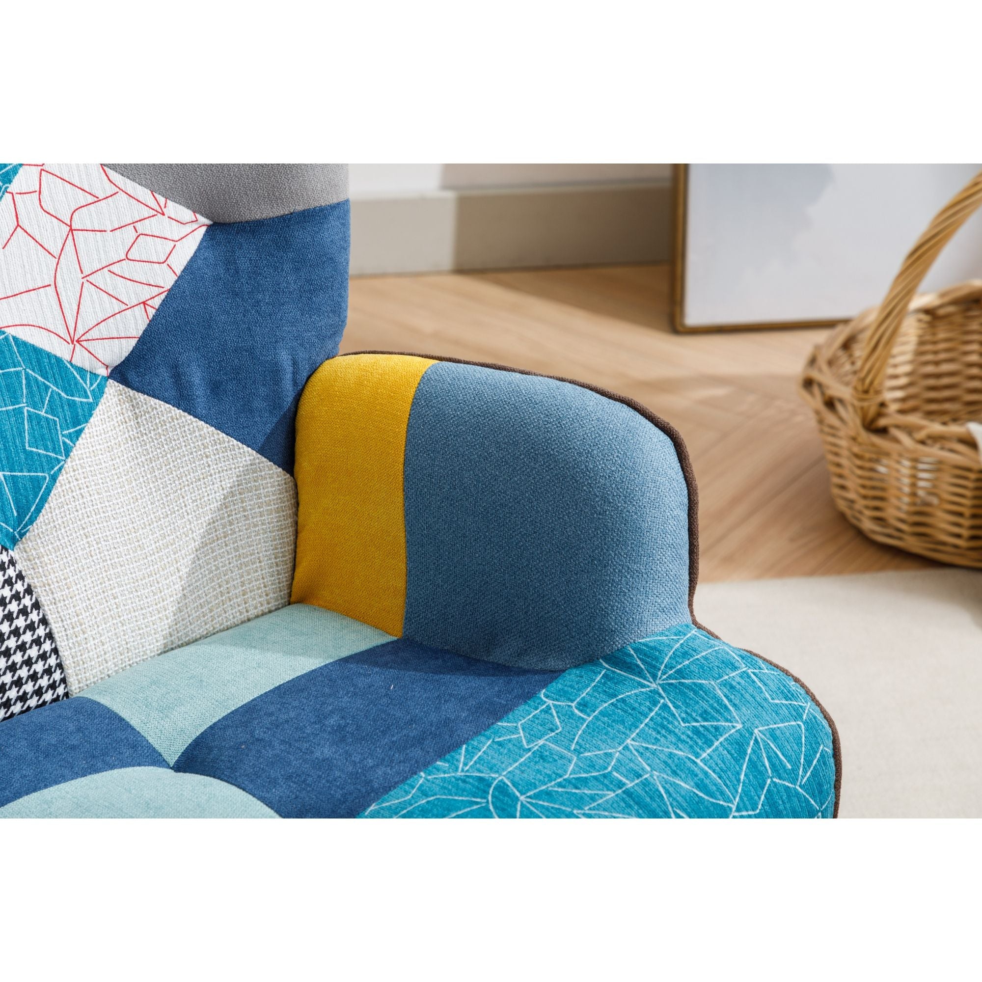 Modern Patchwork Rocking Chair with Solid Wood Armrests and Legs