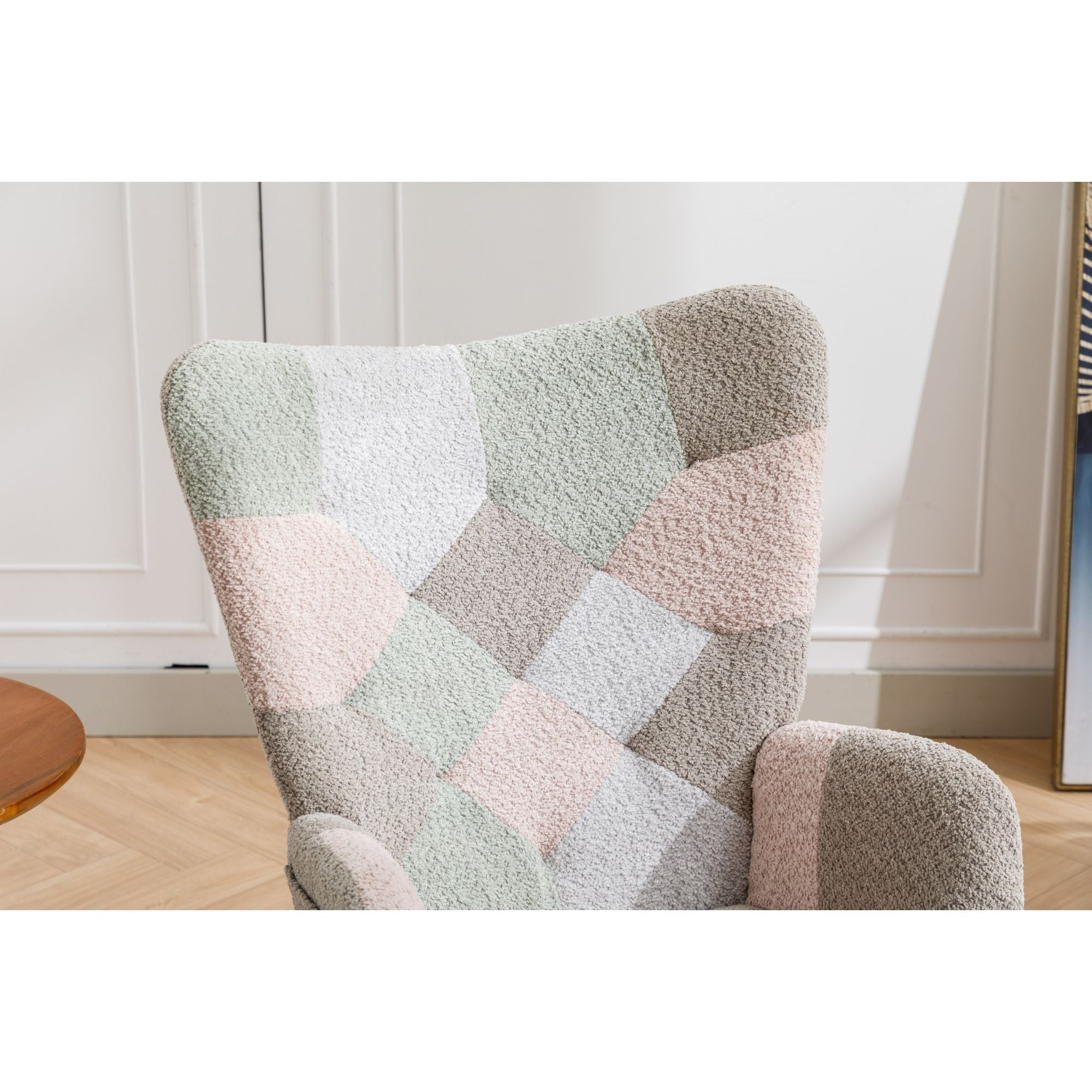 Modern Patchwork Rocking Chair with Solid Wood Armrests and Legs