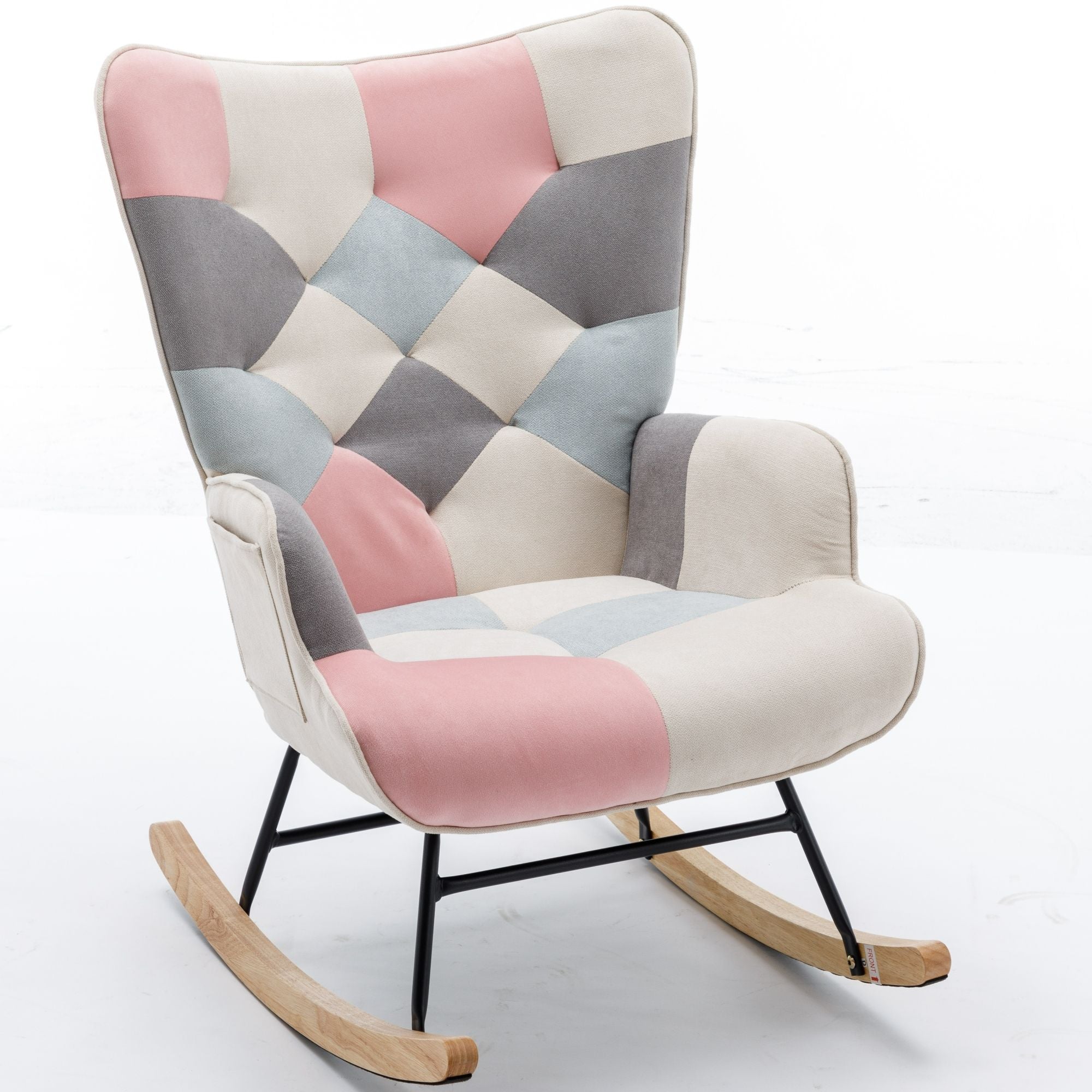 Modern Patchwork Rocking Chair with Solid Wood Armrests and Legs