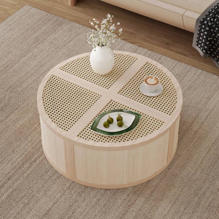 Round To Square Block Modular Coffee Table Light Natural Rattan with Storage 4 Piece Light Natural Rubber Wood