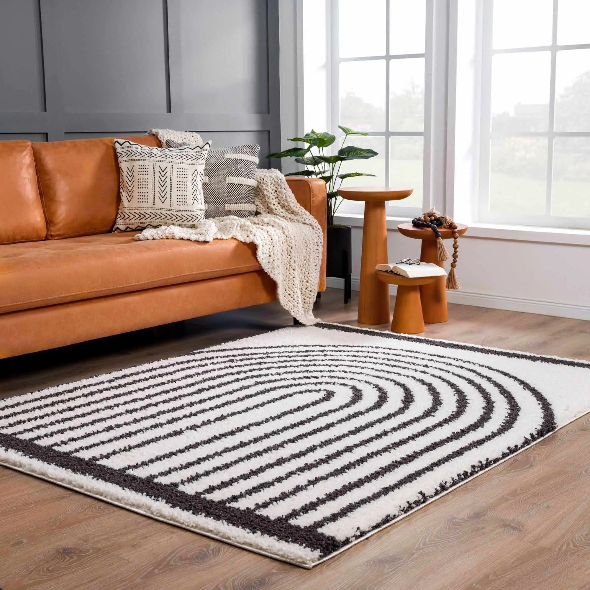Bauer Black Rainbow Shag Area Rug – Plush Modern White Rug by Hauteloom