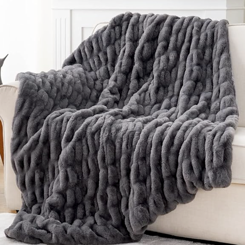 Soft Ruched Faux Fur Throw Blanket – Set Of 2 Ultra Plush Cozy Reversible Minky Blanket, 50x60", Multiple Colors