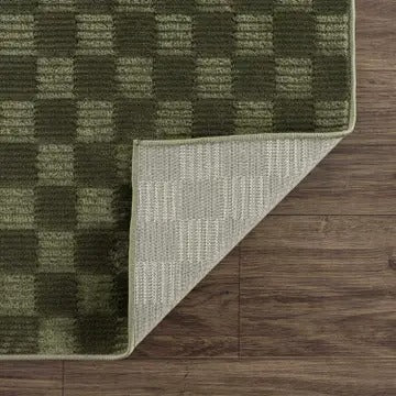 Truls Green Gambit Washable Checkered Rug – Durable Low Pile Modern Rug