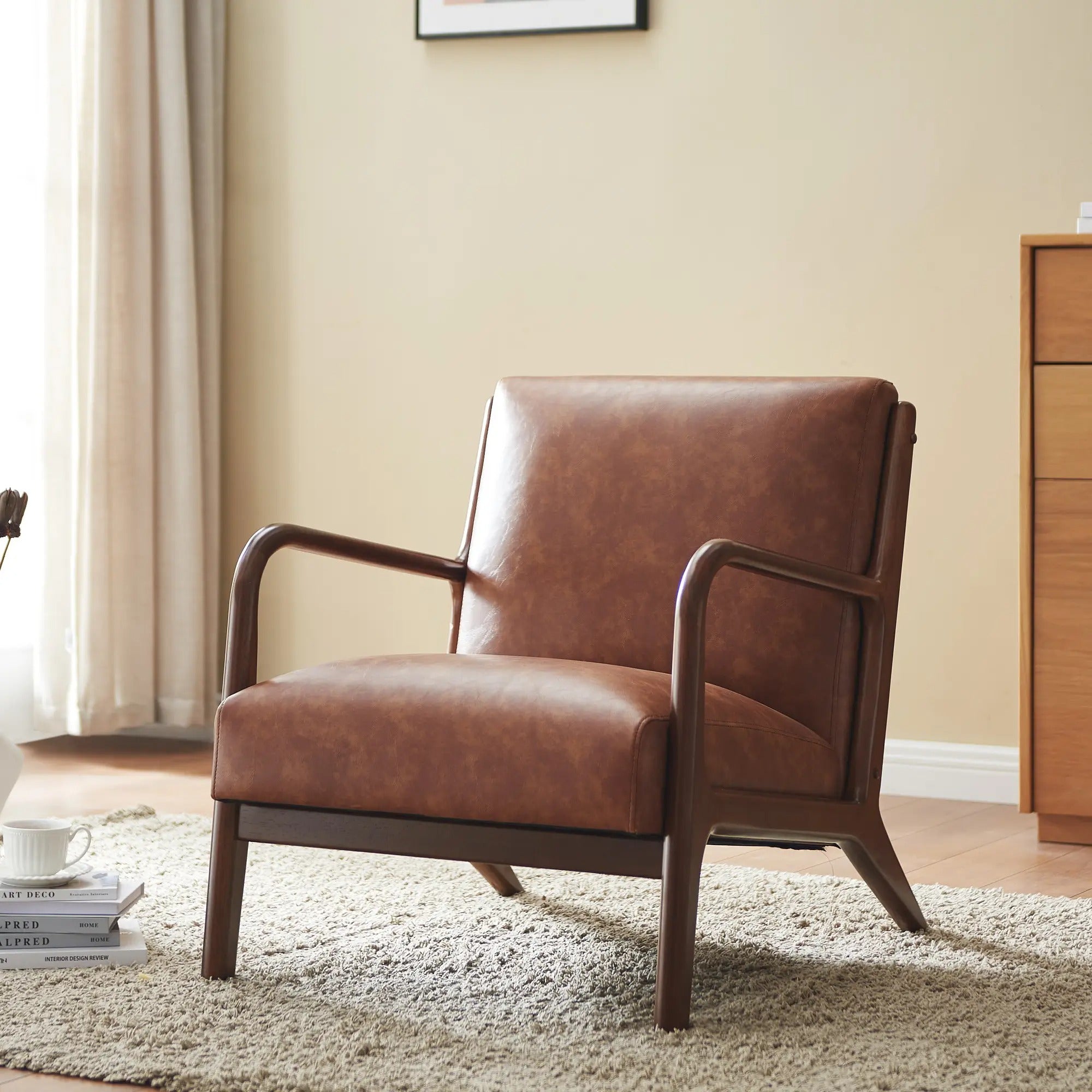 Leisure Armchair Mid-Century Modern Chair – Upholstered Single-Seater Accent Chair with Solid Wood Frame