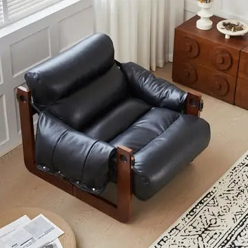 Wide Oil Wax Leather Accent Chair – Solid Wood Upholstered Lounge Chair, American Vintage Retro Design with Deep Seat & Plush Cotton Comfort