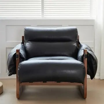 Wide Oil Wax Leather Accent Chair – Solid Wood Upholstered Lounge Chair, American Vintage Retro Design with Deep Seat & Plush Cotton Comfort