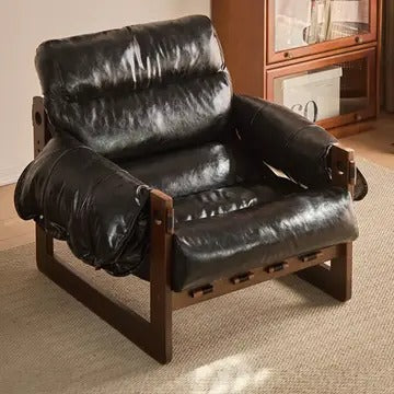 Wide Oil Wax Leather Accent Chair – Solid Wood Upholstered Lounge Chair, American Vintage Retro Design with Deep Seat & Plush Cotton Comfort