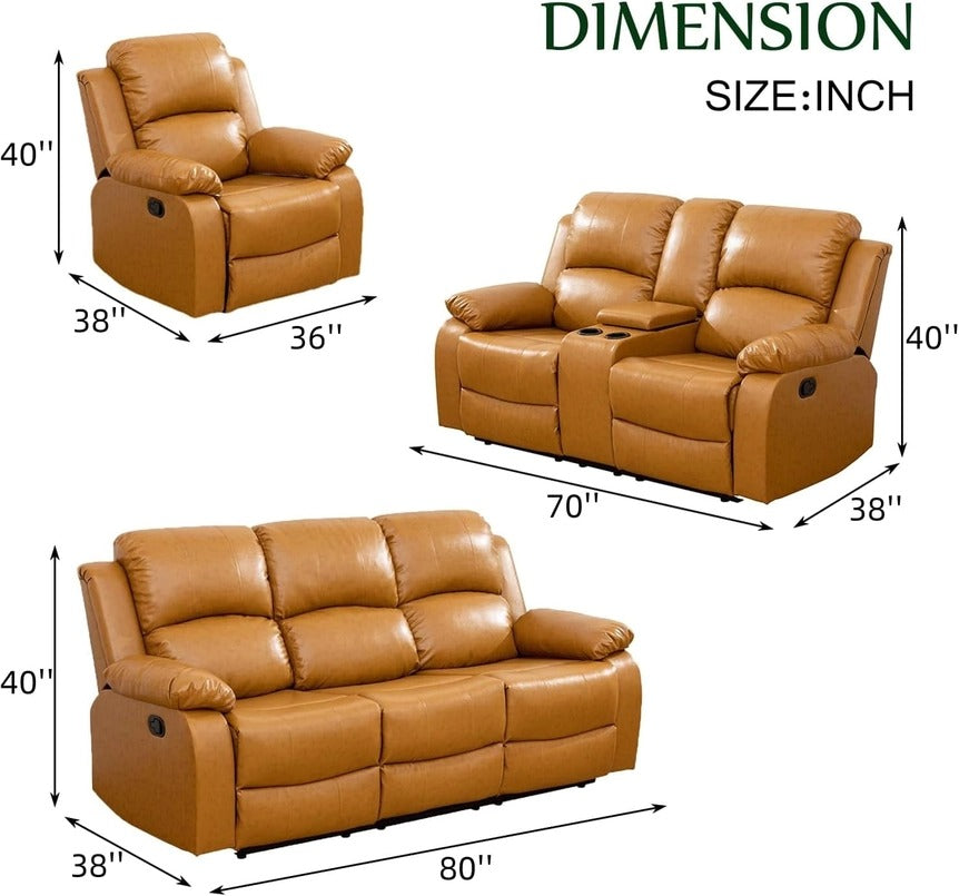 Caberryne 3-Piece Leather Recliner Sofa Set for Living Room & Home Theater
