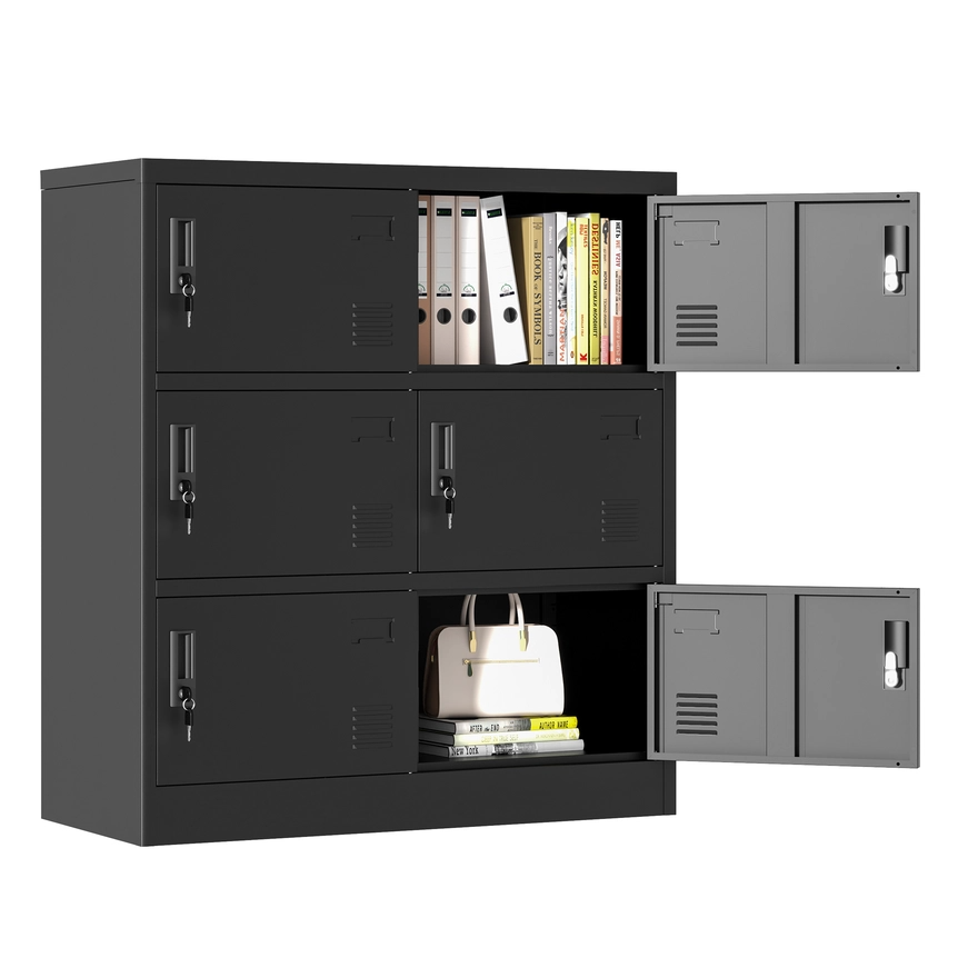 6-Door Black Metal Storage Locker with Lock & Card Slot – Secure, Durable Organizer for Office, Gym, School, or Home
