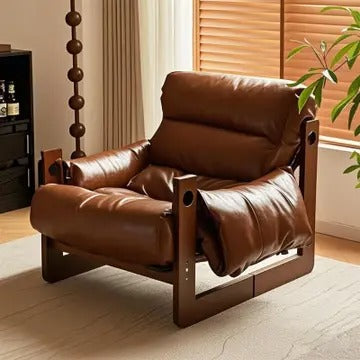 Wide Oil Wax Leather Accent Chair – Solid Wood Upholstered Lounge Chair, American Vintage Retro Design with Deep Seat & Plush Cotton Comfort