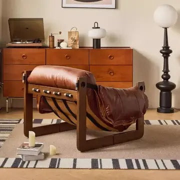 Wide Oil Wax Leather Accent Chair – Solid Wood Upholstered Lounge Chair, American Vintage Retro Design with Deep Seat & Plush Cotton Comfort