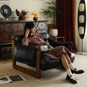 Wide Oil Wax Leather Accent Chair – Solid Wood Upholstered Lounge Chair, American Vintage Retro Design with Deep Seat & Plush Cotton Comfort