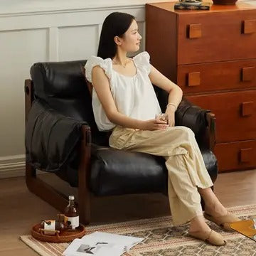 Wide Oil Wax Leather Accent Chair – Solid Wood Upholstered Lounge Chair, American Vintage Retro Design with Deep Seat & Plush Cotton Comfort