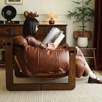 Wide Oil Wax Leather Accent Chair – Solid Wood Upholstered Lounge Chair, American Vintage Retro Design with Deep Seat & Plush Cotton Comfort