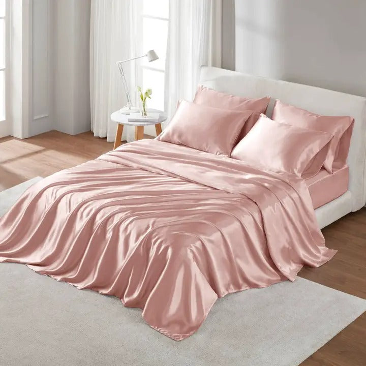 Luxury Satin 6-Piece Sheet Set – Silky Smooth, Wrinkle-Free, OEKO-TEX Certified, Blush Pink (Full, Queen, King, Cal King)