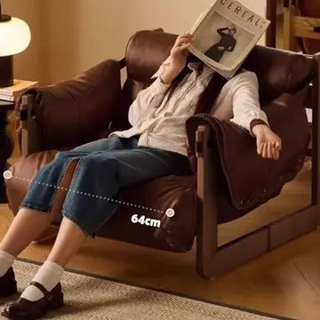 Wide Oil Wax Leather Accent Chair – Solid Wood Upholstered Lounge Chair, American Vintage Retro Design with Deep Seat & Plush Cotton Comfort