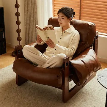 Wide Oil Wax Leather Accent Chair – Solid Wood Upholstered Lounge Chair, American Vintage Retro Design with Deep Seat & Plush Cotton Comfort