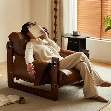 Wide Oil Wax Leather Accent Chair – Solid Wood Upholstered Lounge Chair, American Vintage Retro Design with Deep Seat & Plush Cotton Comfort