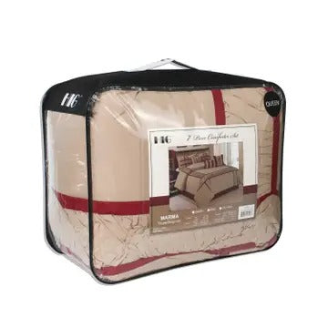 7-Piece Taupe & Burgundy Hypoallergenic Microfiber Ruffle Patchwork Comforter Set with Decorative Pillows – King Size