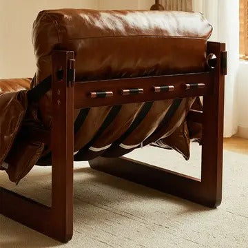 Wide Oil Wax Leather Accent Chair – Solid Wood Upholstered Lounge Chair, American Vintage Retro Design with Deep Seat & Plush Cotton Comfort