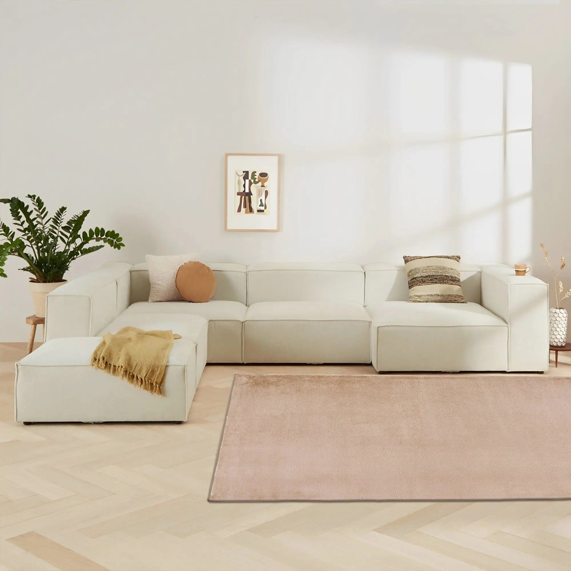 Cream Plush Area Rug – Machine Washable Chenille & Cotton Kilim, Non-Slip, Stain-Resistant, Soft Low-Pile