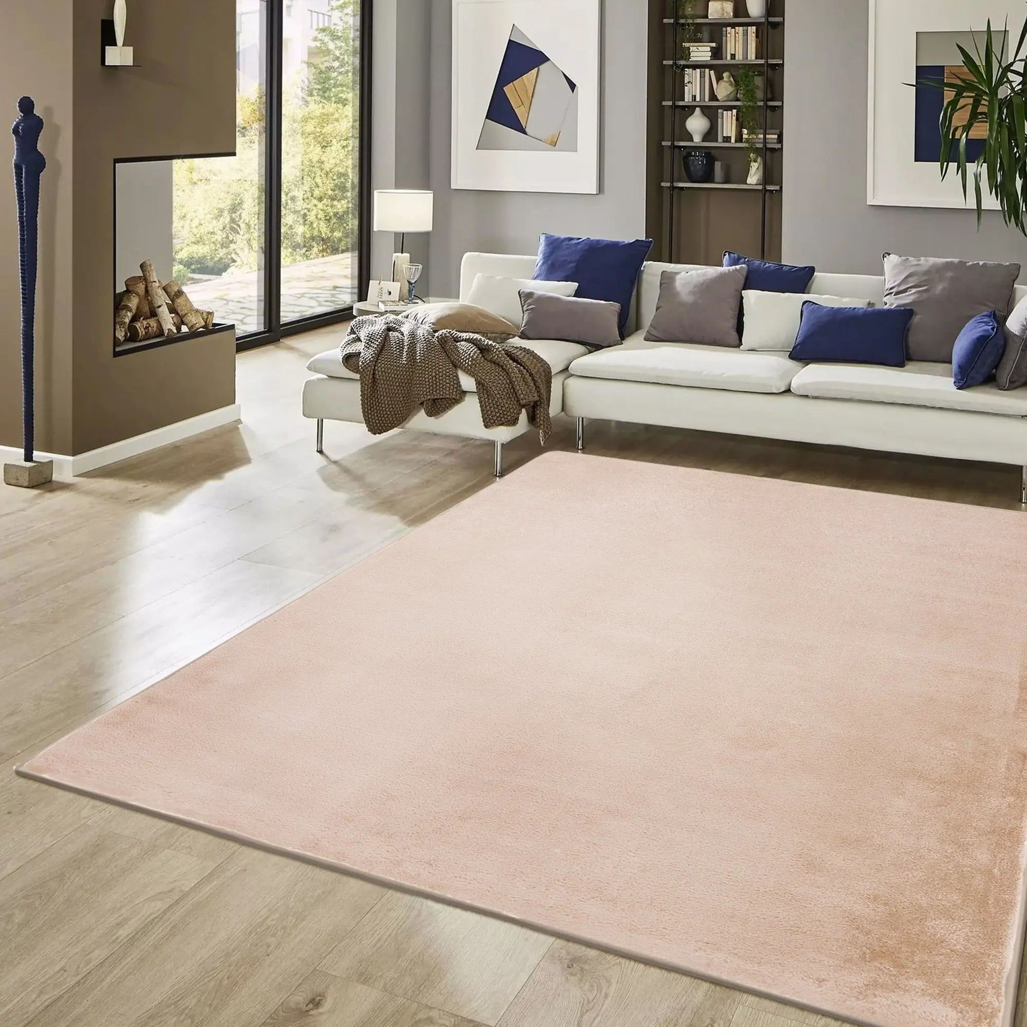 Cream Plush Area Rug – Machine Washable Chenille & Cotton Kilim, Non-Slip, Stain-Resistant, Soft Low-Pile