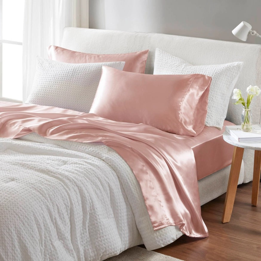 Luxury Satin 6-Piece Sheet Set – Silky Smooth, Wrinkle-Free, OEKO-TEX Certified, Blush Pink (Full, Queen, King, Cal King)