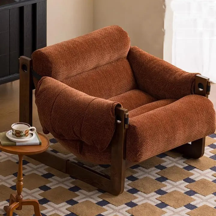 Retro Chenille Accent Lounge Chair – Solid Wood Frame with Plush Cushion, Removable Cover & Wide Armrests