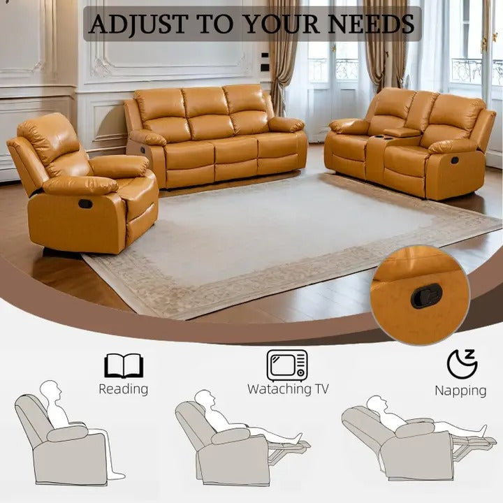 Caberryne 3-Piece Leather Recliner Sofa Set for Living Room & Home Theater