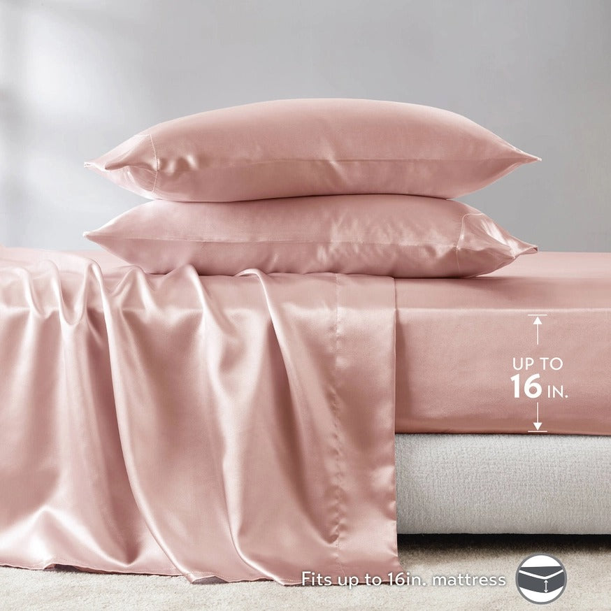 Luxury Satin 6-Piece Sheet Set – Silky Smooth, Wrinkle-Free, OEKO-TEX Certified, Blush Pink (Full, Queen, King, Cal King)